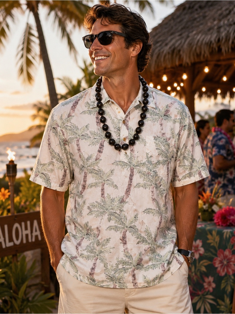 Go Barefoot Hawaiian Tradition Palm Tree Aloha Shirt Large Made in USA Cotton